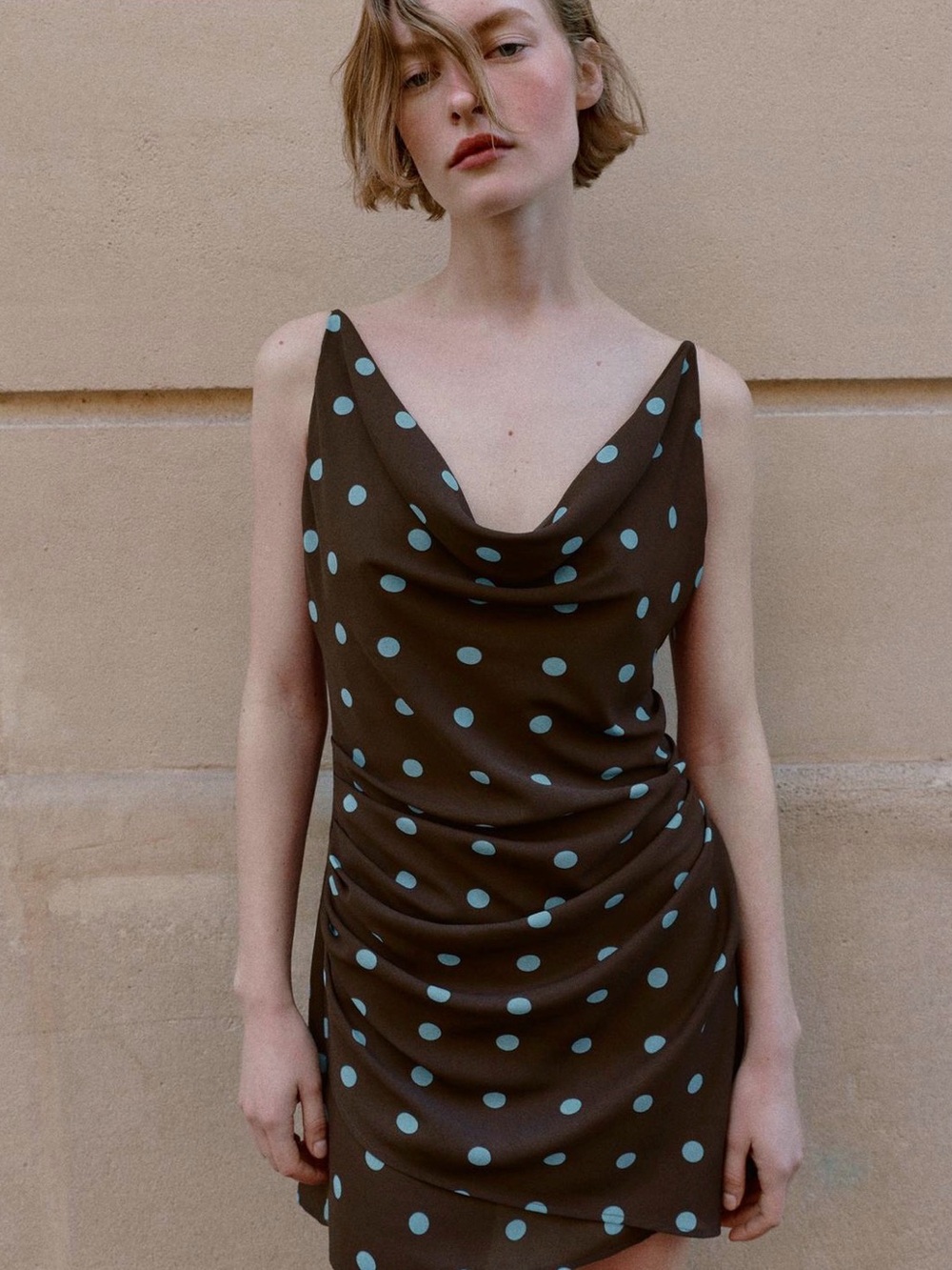 Zara Brown Mini Dress with Blue Polka Dots